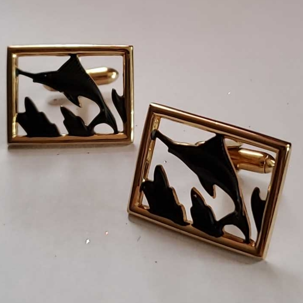 SWANK Vintage Onyx Black & Gold Tone Pair of Mens Dress Shirt Nautical